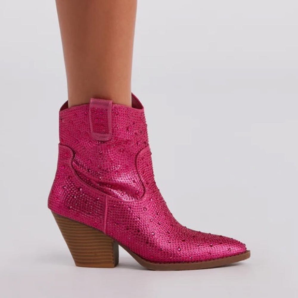 NEW Fuchsia Western Style Bedazzled Cowboy Ankle Boots - Picture 4 of 11